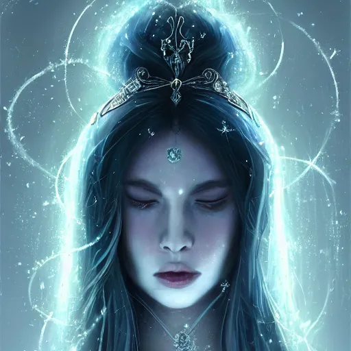 Image similar to masterpiece portrait of an aesthetic beautiful mage woman, ice spell, 3 0 years woman, soft thin face in the light, light eyes, black dynamic hair, wearing silver diadem with blue gems inlays, silver necklace, digital painting by wlop, atmospheric effects, chaotic blue sparks dynamics background, intricate, artstation, fantasy