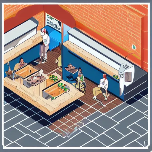 Image similar to vector drawn line art of cannabis cafe, isometric art, shading layer complete watercolor