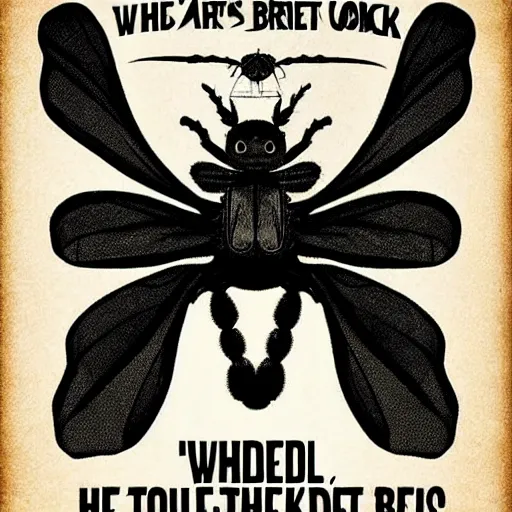 Prompt: so where were the spiders while the fly tried to break our bones with just the beer light to guide us so we bitched about his fans and should we crush his sweet hands, inspired by art nouveau rock posters