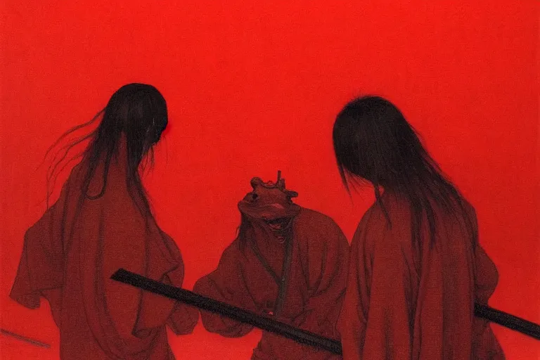 Image similar to only with red, a red samurai harakiri, tokio, a lot of frogs watch, in the style of beksinski, parts by edward hopper, parts by rodcenko, parts by yue minjun, intricate and epic composition, red by caravaggio, insanely quality, highly detailed, masterpiece, red light, artstation, 4 k