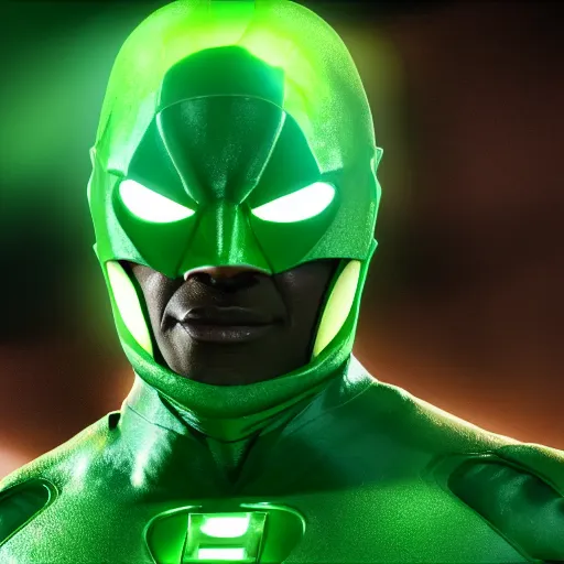 Image similar to A photo of green lantern performer by Jamie Foxx, Octane render, highly detailed, Movie CGI, hyper-realistic, 8K