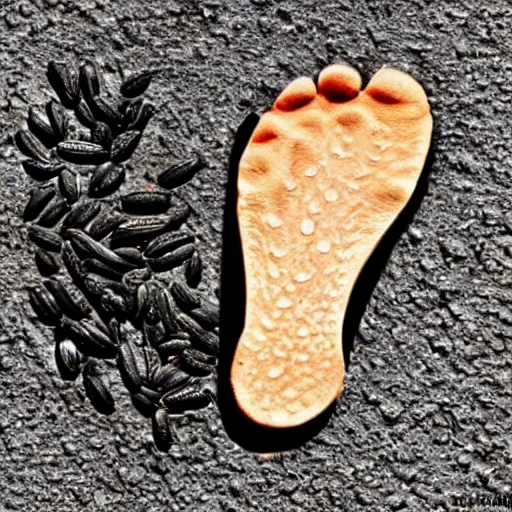 Prompt: the sole of my foot has holes in it that are filled with shiny black seeds,