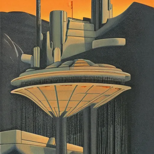 Prompt: artdeco landscape on an alien planet, castle designed by Syd Mead and Frank Lloyd Wright, surrealism