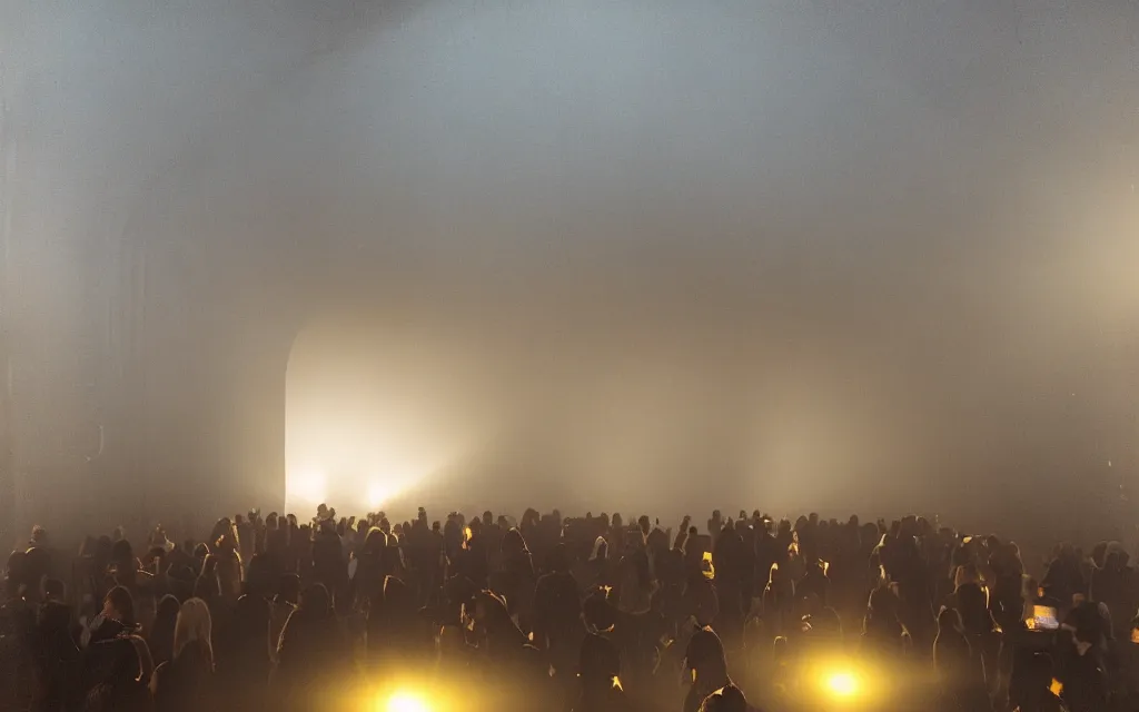 Image similar to sandro botticello. very soft, delicate light. venus but dancefloor in underground club. in the middle is a little platform, people dancing around it. disco lights. fog. moody. sun is already rising. 6 am.