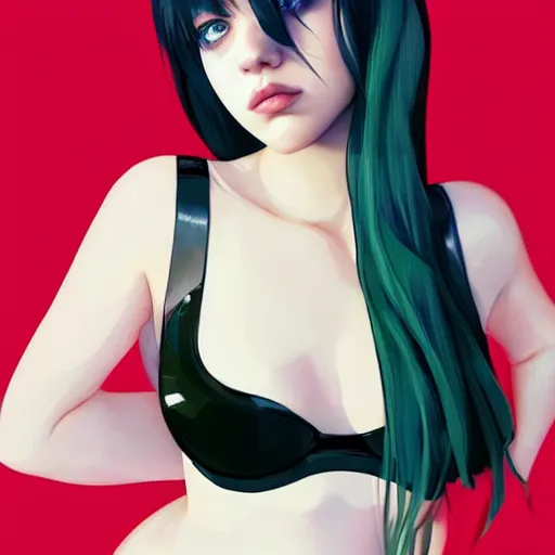 Image similar to a beautiful billie eilish kat dennings alluring instagram model in elaborate latex tank top, by guweiz and wlop and ilya kuvshinov and artgerm and makoto shinkai and studio ghibli, symmetrical eyes, aesthetic, gorgeous, stunning, alluring, attractive, artstation, deviantart, pinterest, digital art