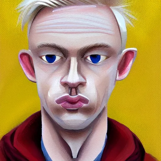 Image similar to thin blond man with blond hair long on top medium down the sides, blond beard, small chin, small nose, thin lips, English heritage, small blue eyes, tiny ears, middle aged, uncool, pale skin, narrow face, digital art, painterly, cartoon, cute, 8k, illustration, art by loish, painterly, trending on artstation, medium shot, uncropped