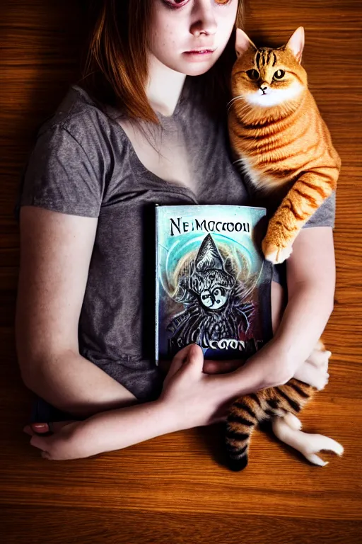 Image similar to photo of bright girl, her cat and her book of necronomicon, symmetrical, cinematic, real dlsr photography, sharp focus, 4 k, ultra hd, sense of awe, sinister demonic atmosphere, dreadful, forbidden knowledge, horrors journal cover