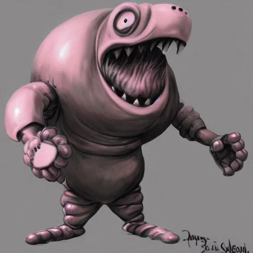 Image similar to a pink balloon with arms and eyes and a huge mouth. Cartoon. Dark Souls boss. Concept art.