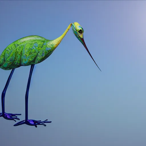 Image similar to a hybrid of a crane and a frog on the background of a blue sunset, photorealism, 4 k