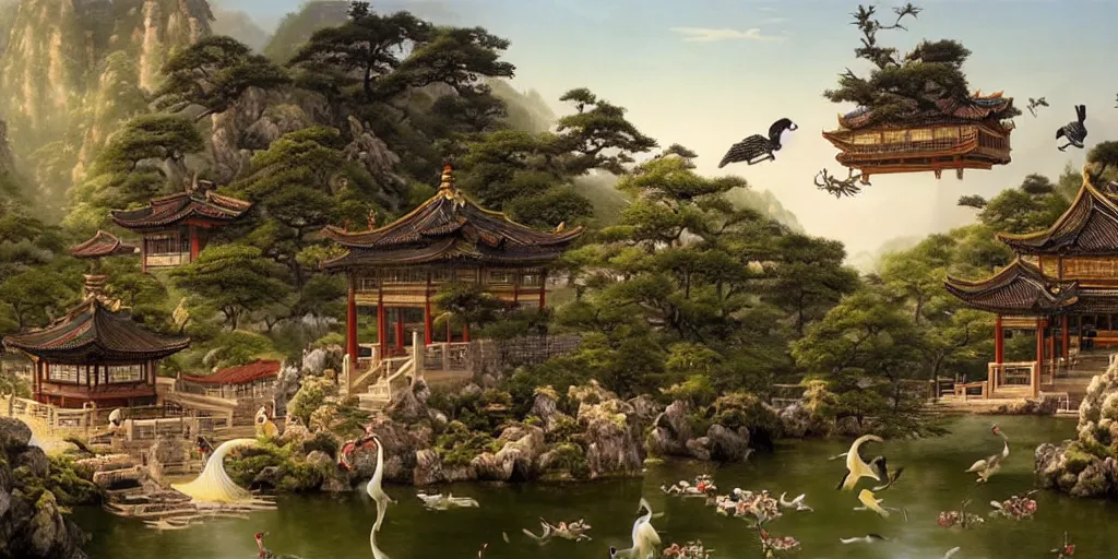 Image similar to it is a paradise with ancient chinese characteristics. it has a high degree of fantasy. there are pavilions in the air, koi jumping in the air, and fairy birds and animals such as cranes and deer coexist with people. it is the life scene of the ancient people, a detailed matte painting by christophe vacher and albert bierstadt