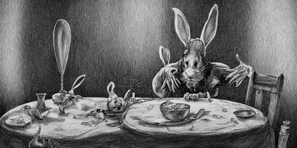 Image similar to An evil detailed white rabbit eating human bodyparts with a knife and fork sitting on a chair at the dinner table, by Mike Francini, Artstation, Dark, Fantasy, bloody, scary, spooky, detailed