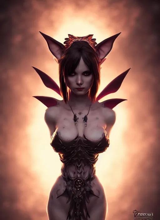 Image similar to imp demon goddess, cute elf ears, strapless dress, character portrait in the style of thomas river and artgerm, cinematic lighting, hyperdetailed, 8 k realistic, symmetrical, global illumination, radiant light,, frostbite 3 engine, cryengine, dof, trending on artstation, digital art, chanel