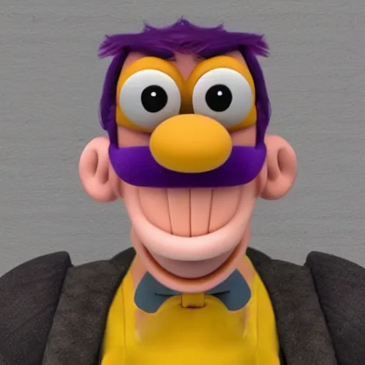 Image similar to Waluigi reimagined as a Muppet, photorealistic