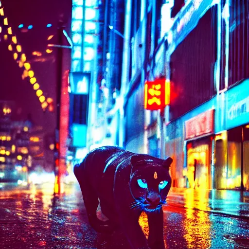 Image similar to a high quality low wide angle photo of a panther on the streets of a cyberpunk city, rainy, reflective ground, neon lights, realism, 8k