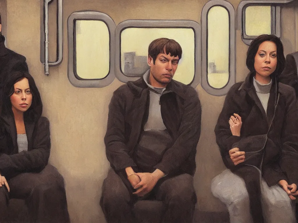 Image similar to an oil painting by Grant Wood, a low angle medium shot of two people sitting in an empty Chicago subway train, in front of windows: a sad Aubrey Plaza wearing a parka and a friendly Mads Mikkelsen in a suit