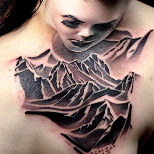 Image similar to double - exposure tattoo sketch of megan fox blended in beautiful mountains shape, in the style of dan mountford