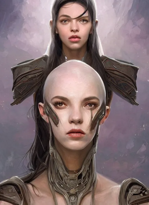 Image similar to a professional painting of a beautiful young female alien, clothed in ethereal armor, olive skin, long dark hair, beautiful bone structure, symmetrical facial features, intricate, elegant, digital painting, concept art, smooth, sharp focus, illustration, from Valerian and the City of a Thousand Planets, by Ruan Jia and Mandy Jurgens and Artgerm and William-Adolphe Bouguerea