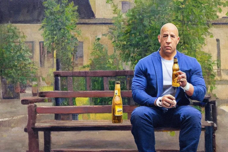 Prompt: vin diesel in an adidas suite sits on a bench with a bottle of beer in the courtyard of a provincial russian town, oil on canvas, naturalism