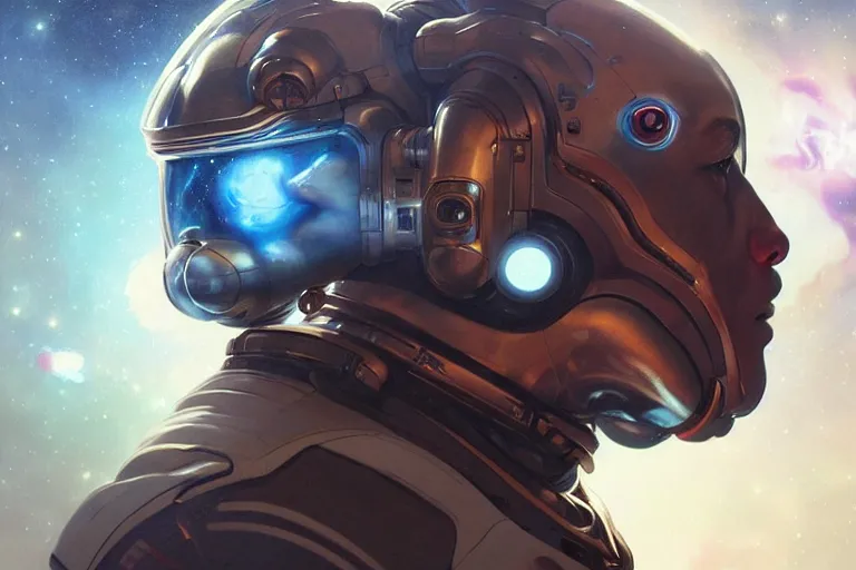 Image similar to portrait of a futuristic bulldog in a spacesuit, a nebula supernova in space, portrait, intricate, digital painting, artstation, concept art, smooth, sharp focus, illustration, cinematic lighting, art by artgerm and greg rutkowski and alphonse mucha