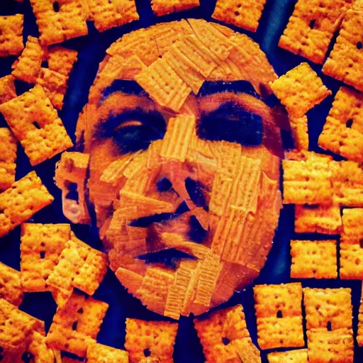 Image similar to A realistic looking man made out of Cheez-Its, artistic photo, award winning photo,