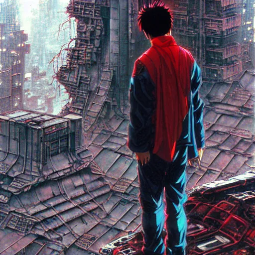 Image similar to tetsuo observing the ruins of neo - tokyo, red cape, akira | anime, matte painting, dystopian megacity neo - tokyo akira, shaded perfect, fine details. realistic shaded lighting anime manga artwork by katsuhiro otomo, akira, artgerm, jeremy lipkin and michael garmash and rob rey