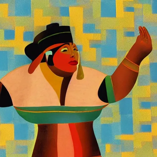 Image similar to fat mayan woman dancing, beautiful sunset, cubism, muted colors, texture