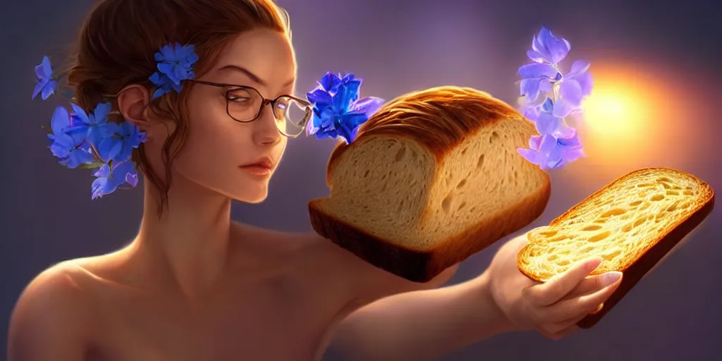 Prompt: epic professional digital art of a bread toast!!!! wearing 👓 and a blue flower, best on artstation, cgsociety, wlop, cosmic, epic, stunning, gorgeous, much detail, much wow, masterpiece, backlight