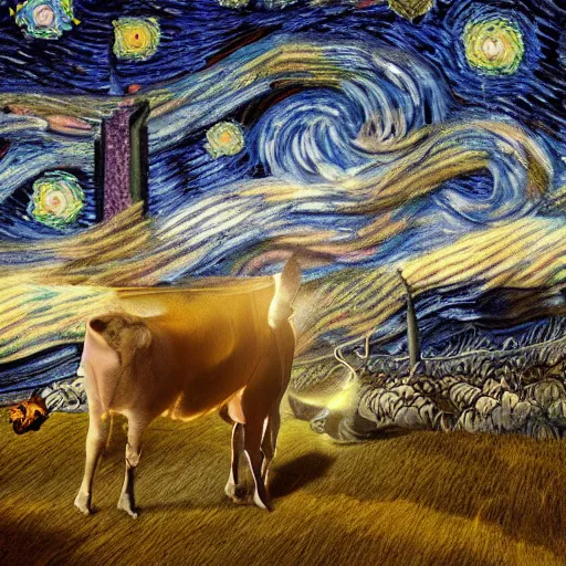 Prompt: a detailed matte painting of a cow wearing a witch hat, viewed in profile, glowing moths and fog in the background, starry night, black and blue color scheme with gold highlights, in the style of discworld and harry potter, 8 k