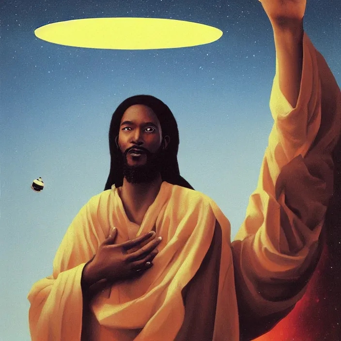 Image similar to UFO hovering over an African Jesus ,painting by Hsiao-Ron Cheng,