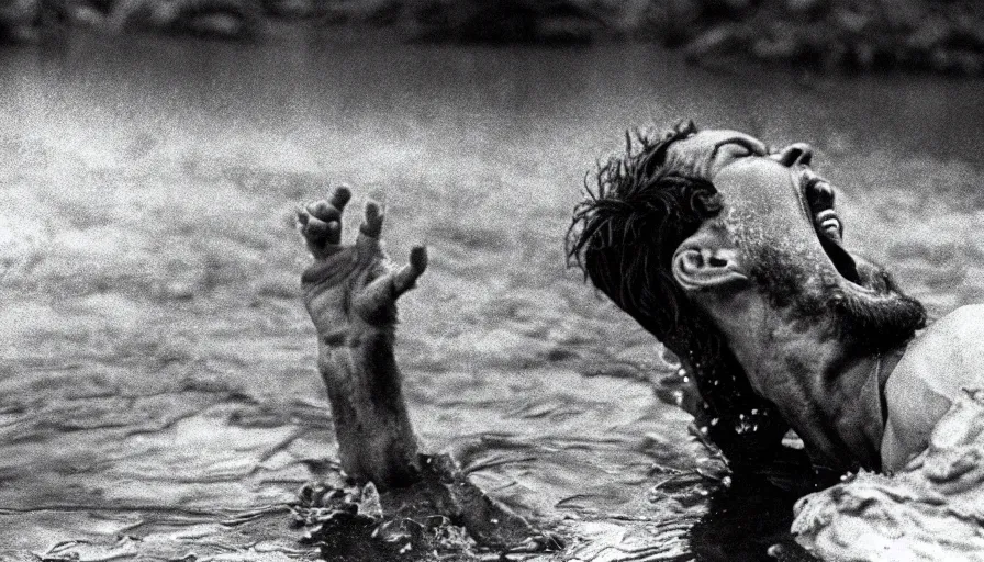 Prompt: 1 9 6 0 s movie still close up of skinny marcus aurelius screaming frozen to death in a river with gravel, pine forests, cinestill 8 0 0 t 3 5 mm b & w, high quality, heavy grain, high detail, texture, dramatic light, anamorphic, hyperrealistic, foggy