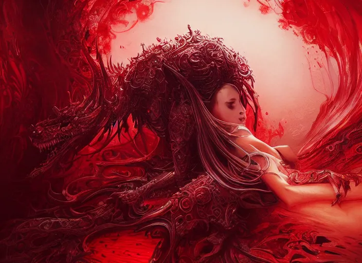 Prompt: woman loves demon, sit upon a scarlet coloured beast, pain, light effect, hyper detailed, intricate, elegant, highly detailed, digital painting, artstation, concept art, matte, sharp focus, illustration, by james jean, andrei riabovitchev, marc simonetti, yoshitaka amano