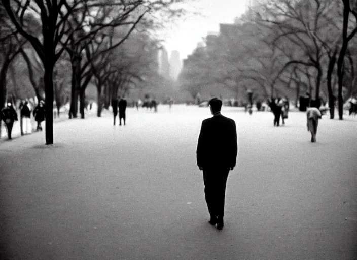 Image similar to a 35mm photograph of a man walking in Central Park in New York City in the 1960's, bokeh, Canon 50mm, cinematic lighting, photography, retro, film, Kodachrome