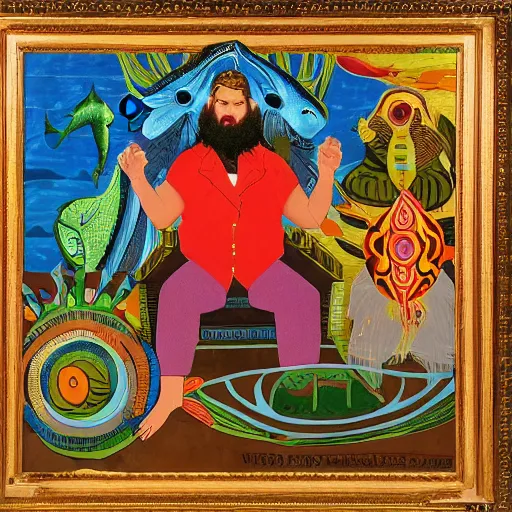 Image similar to precise by william henry hunt, by faith ringgold. a computer art of a mythological scene. large, bearded man seated on a throne, surrounded by sea creatures. he has a trident in one hand & a shield in the other. behind him is a large fish. in front of him are two smaller creatures.