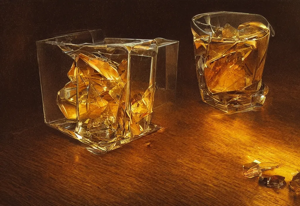 Prompt: on a wooden floor there is a single crystal glass filled with whiskey and one goldfish swimming inside, close up view, dramatic lighting, DOF, caustics, soft, sharp focus, art nouveau, intricate concept artwork by Greg Rutkowski and Lucas Staniec