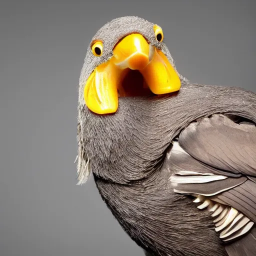 Image similar to a large bird, human teeth in the beak