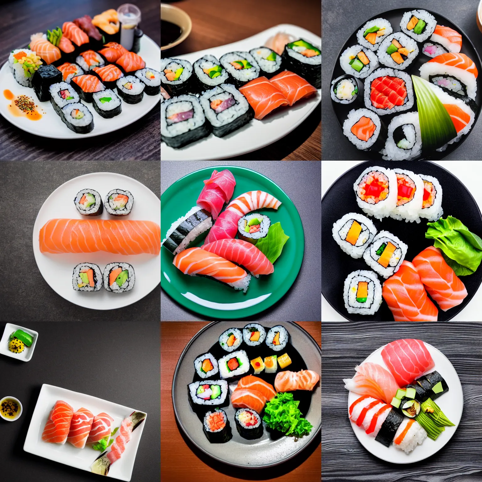 Prompt: dslr food photograph of a plate of sushi, 8 5 mm f 1 6