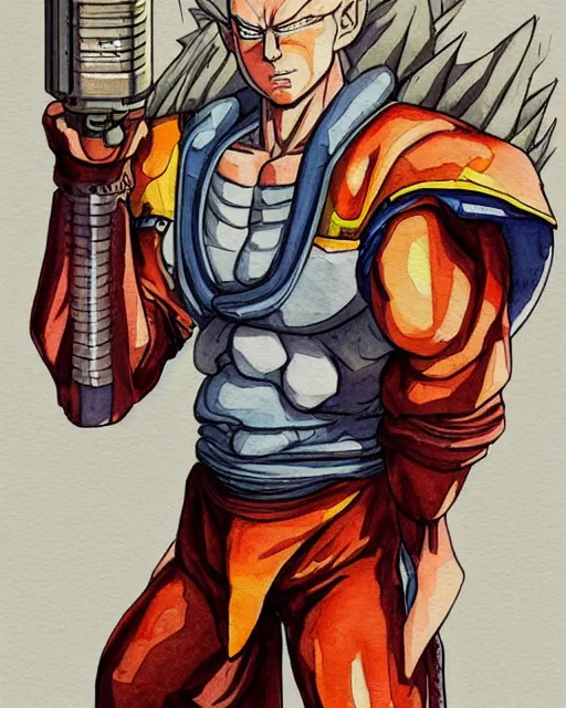 Image similar to a watercolor painting full body character portrait of a cyborg super saiyan martial artist in the style of moebius in the style of cyberpunk trending on artstation deviantart pinterest detailed realistic hd 8 k high resolution