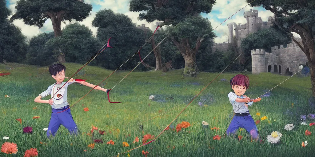 Prompt: a young boy practicing archery in the backyard of a castle, digital art, vivid colors, flat colors, cinematic, wide angle, made by chiho aoshima, trending on artstation, detailed