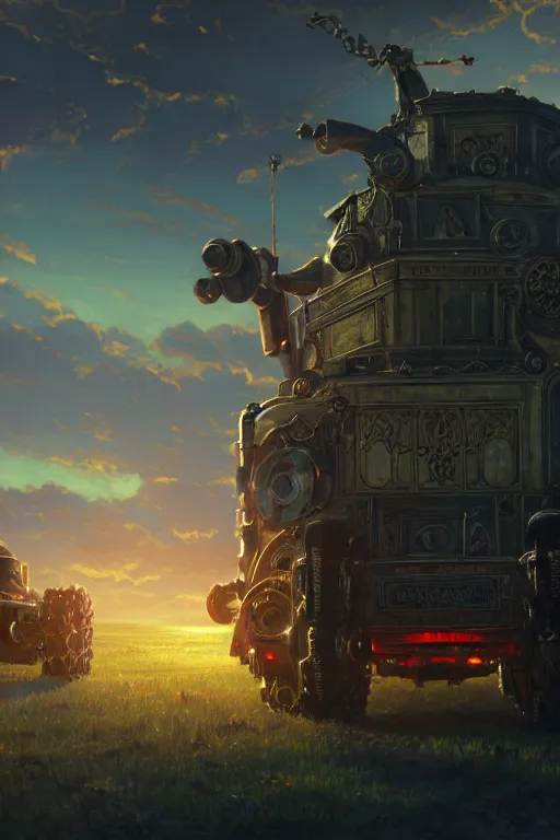 Prompt: a mobile driving ornate cathedral church as tower mounted on a tank with chain drive, warhammer 4 0, scene in an open field. key visual, conceptart, ambient lighting, highly detailed, digital painting, artstation, concept art, sharp focus, by makoto shinkai and akihiko yoshida and kris kuksi