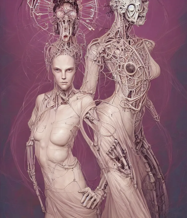 Image similar to fully symmetrical centered portrait of a beautiful princess in robe. artificial muscles, ribcage, bones, hard surface modelling. cyberpunk look. biomechanical mask. bio luminescent biomechanical halo around head. jellyfish. artwork by jarold Sng by artgerm, by Eddie Mendoza, by Peter mohrbacher by tooth wu by alfons mucha, unreal engine, octane render, cinematic light, iridescent details, iridescent colors, dichroic, macro, depth of field, blur