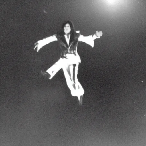 Prompt: nightvision camera of michael jackson flying