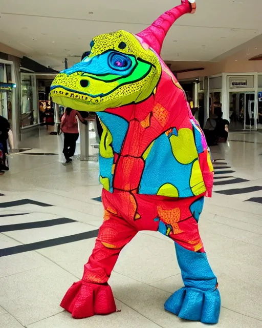 Image similar to a dinosaur wearing 80s clothes at the mall
