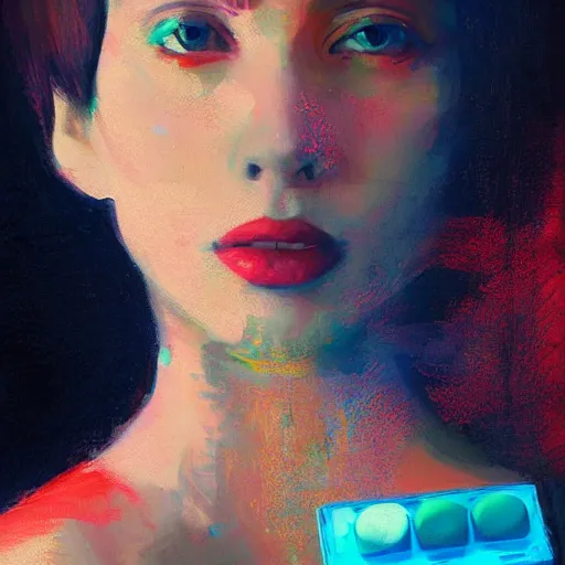 Image similar to A ultradetailed beautiful portrait panting of a stylish woman, she is holding a bunch of colorful pills in her hand, overhead shot, Oil painting, by Ilya Kuvshinov, Greg Rutkowski and Makoto Shinkai