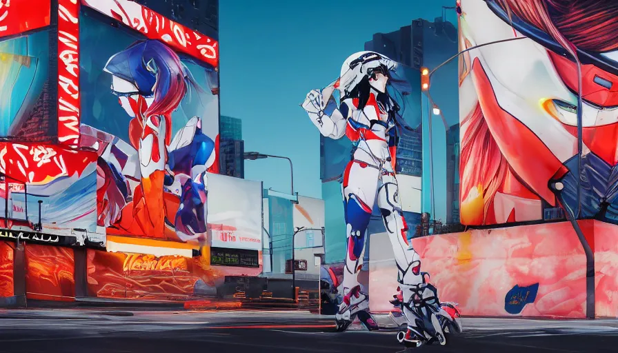 Image similar to billboard advertisement with an extremely beautiful photo of a white marble statue of an anime girl with colorful motocross logos and motorcycle helmet with closed visor, colorful smoke in the background, carved marble statue, fine art, neon genesis evangelion, virgil abloh, offwhite, denoise, highly detailed, 8 k, hyperreal