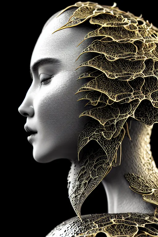 Image similar to bw contrasted close - up profile face, black background, beautiful young porcelain vegetal - dragon - cyborg - female, 1 5 0 mm, beautiful natural soft rim light, silver gold details, magnolia leaves and stems, roots, mandelbot fractal, elegant, ultra detailed, white metallic armour, octane render, h. r. giger style