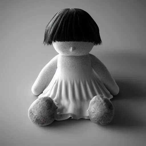 Image similar to cute fumo plush of a girl with a dark secret, black and white, lit from below, vray
