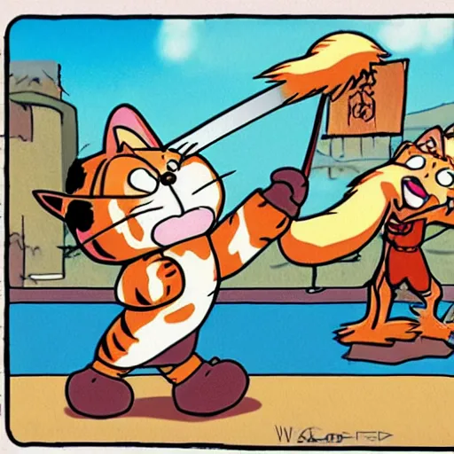 Prompt: Garfield the cat brandishing a katana at Odie, anime style