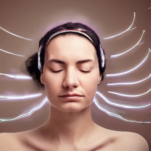 Prompt: woman meditating wearing a futuristic neurological brainwave headband