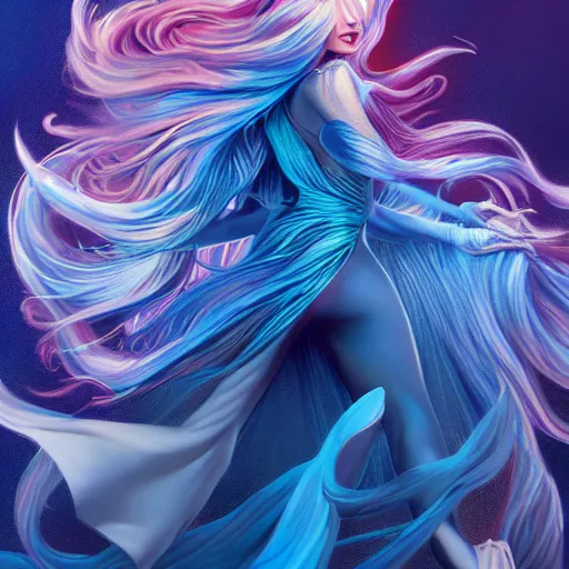 Image similar to beautiful magic angel, full body, flowing hair, blue eyes, beautiful aesthetic, by james jean and joe jusco, trending on artstation, digital art, cinematic lightning, ultra high detail, 8 k