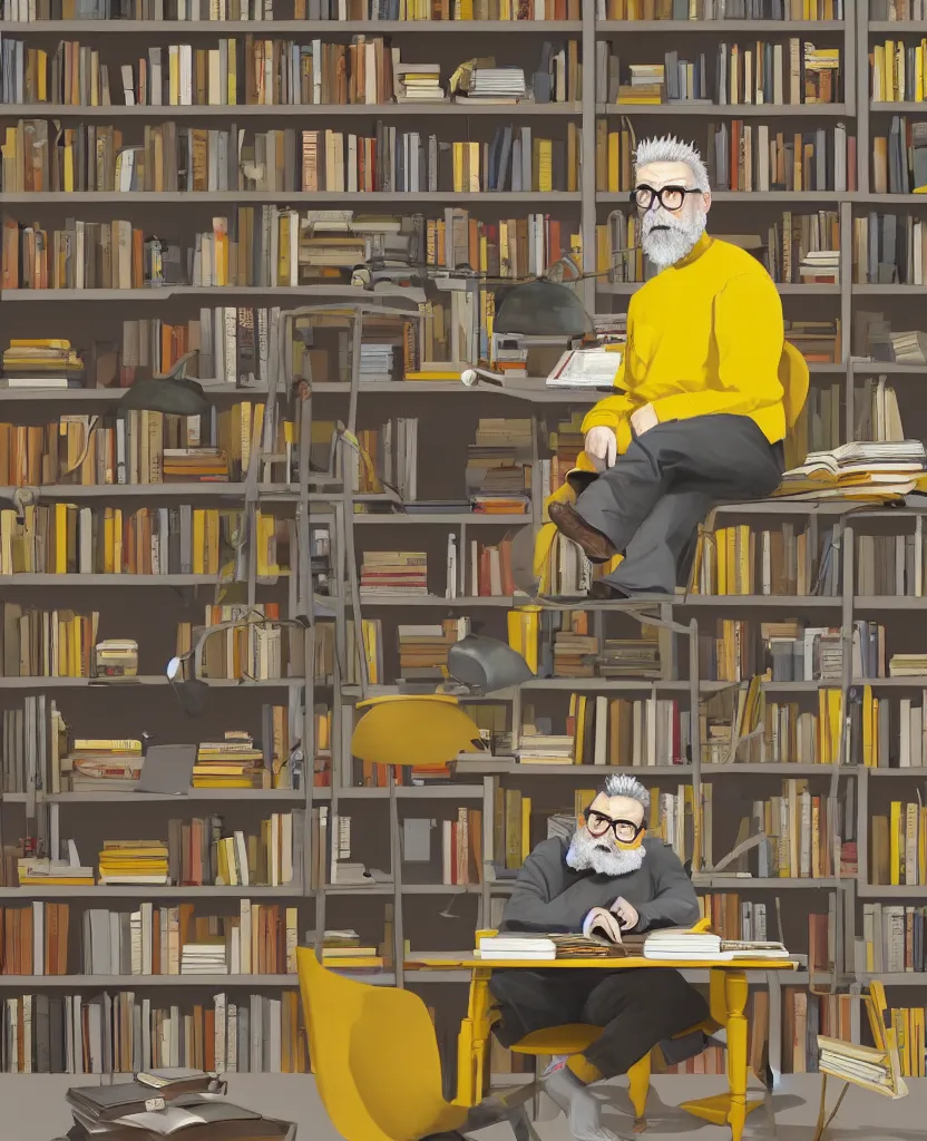 Prompt: Middle-aged professor with a short gray beard and short spiky hair wearing a yellow sweater sits at desk in his study with a expansive bookshelf crammed with books in the background, hyperrealistic, portrait, concept art, illustration, 8k, artstation, digital painting